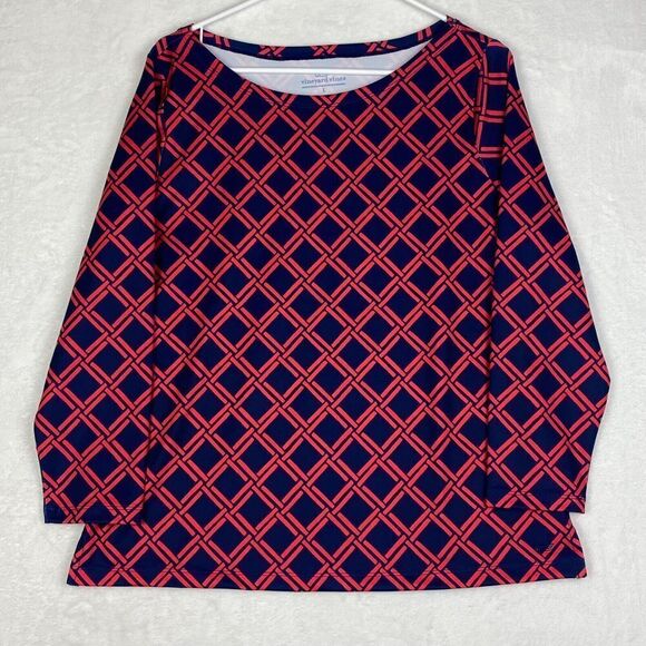 Vineyard Vines Top Womens Large Red Blue Boat Neck Long Sleeve - Picture 1 of 6